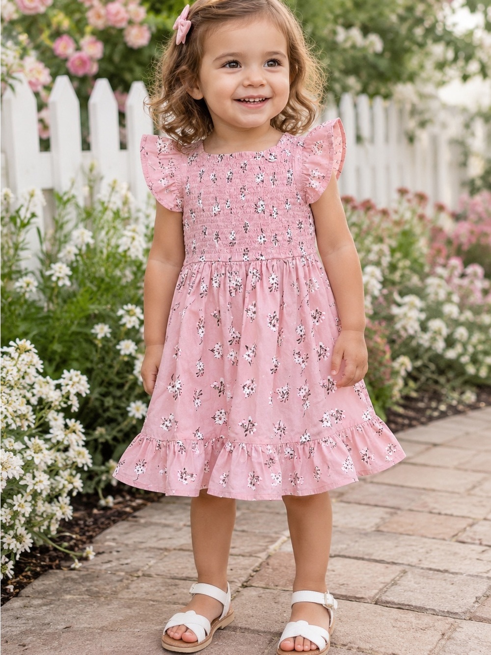 Japna Kids Smocked Floral Dress 2T Pink Flutter Sleeve Ruffle Hem